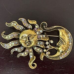 Gold Sun and Moon Brooch with Aurora Rhinestones gold golden whimsical folly pin
